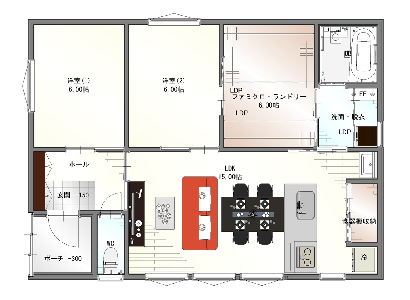 22坪|必要なものが全てそろう、究極の家事導線を持つ2LDK平屋間取りプラン